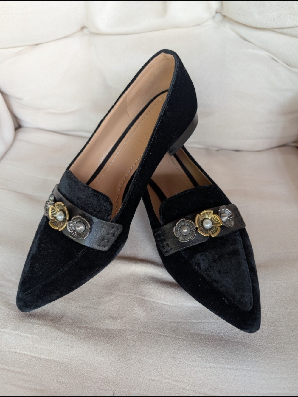 Coach Black Velvet Pointed Loafers with Floral Metal Embellishment Women's 8